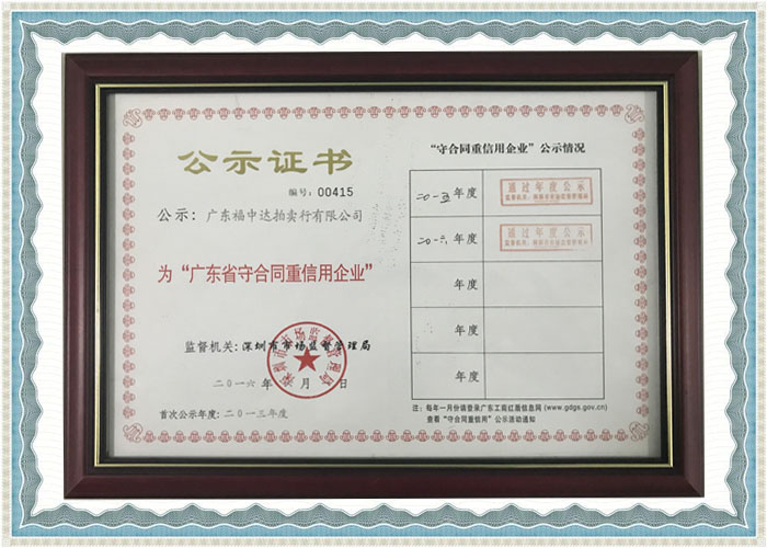 2013年度广东守合同重信用企业证书